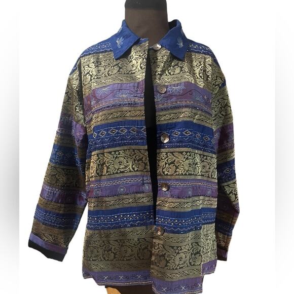 Vtg 90s Chicos Silk Artsy Boho Metallic Striped Glam Button Eclectic Jacket M - Picture 2 of 7
